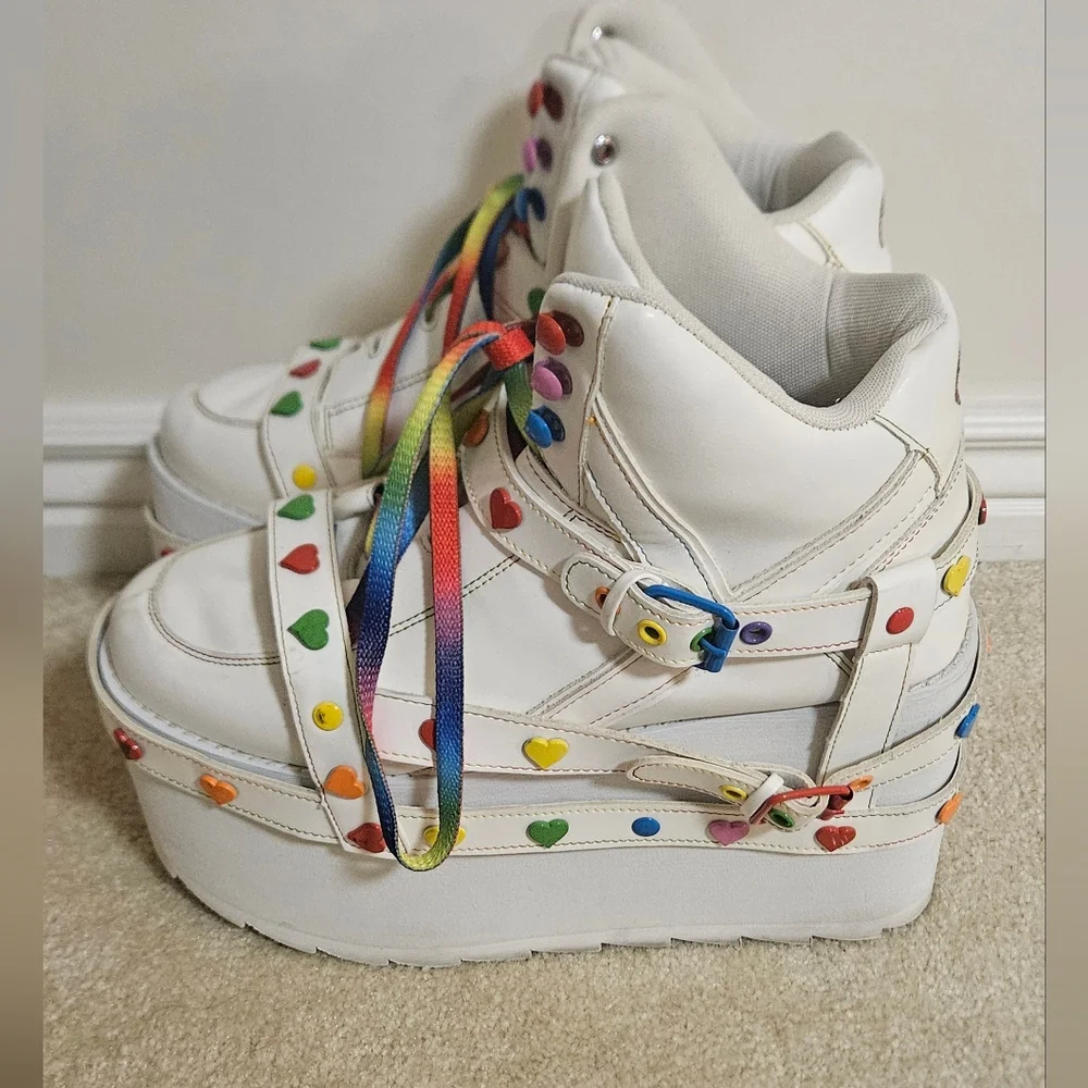 DOLLS KILL YRU Rare Rave Hightop Platforms with rainbow Laces And Heart Strap